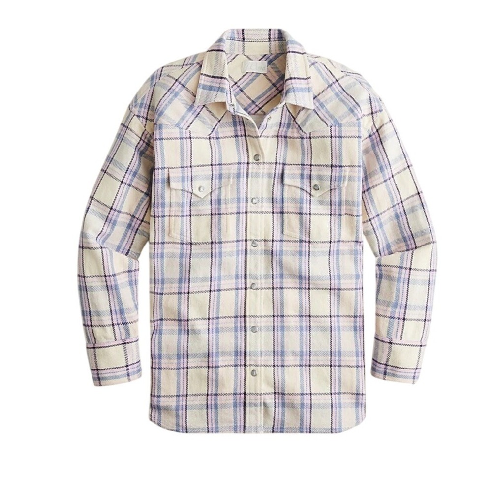 J Crew Relaxed Fit Flannel Shirt Shacket Sz 6 Pink Blue Plaid Western Pearl Snap